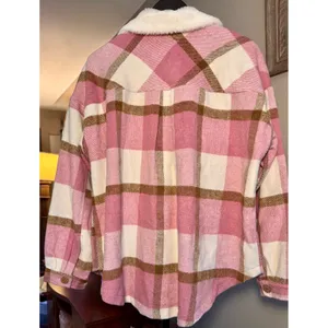 Umgee Pink Plaid Faux Fur Collar Shacket Button Front Jacket A0451 Womens Medium thumbnail 4