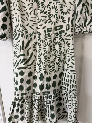 ADL‎ 100% Linen Mini Dress Geometric Pattern Green and Off White Size Medium thumbnail 5