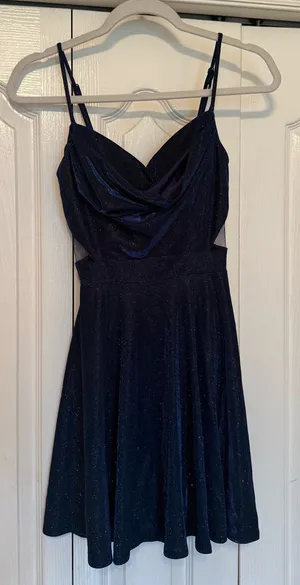 Windsor Navy Shimmer Open Back Homecoming Dress thumbnail 1