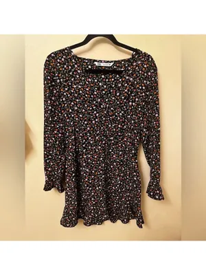 Zara Floral Print Long Sleeve Mini Dress Black Small thumbnail 7
