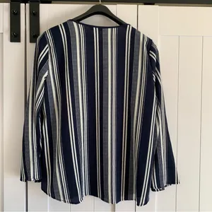 Karina & Chloe Womens XL Navy White Stripe Lace Up Peasant Boho Blouse Top thumbnail 4