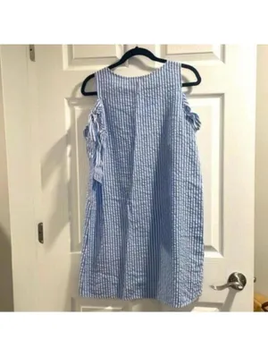 Ces Femmes Blue and White Seersucker Striped Cold Shoulder Shift Dress thumbnail 7