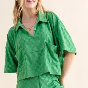 ✨NWT And The Why Brushed Texture‎ Checker Board Pattern Casual Top Green Size M thumbnail 2
