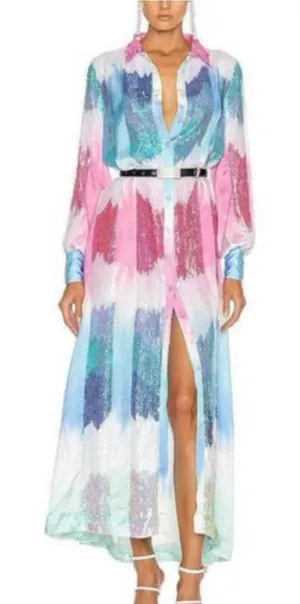 Retrofête Pastel Rainbow Sequin Dessa Maxi Dress‎ XS Long Sleeve Button Front thumbnail 1