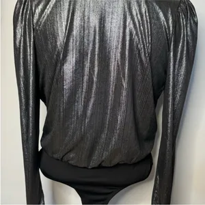 NWT Good Luck Gem Silver Metallic Puffy Long Sleeve Open Back Blouse Bodysuit S thumbnail 3
