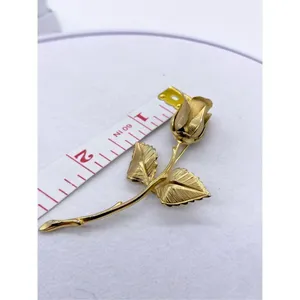 Vintage Gold Plated Rose Brooch Detailed Stem with Two Leaves 1960s Vintage Broo thumbnail 5