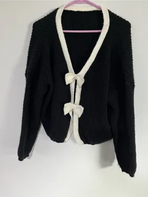 SHEIN Black & Cream Bow-Trim Cardigan Sweater - Women's size M thumbnail 6