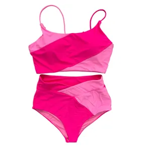 NWT Hot Pink Colorblock 2 Piece High Waisted Scoop Neck Bikini Set- Medium‎ thumbnail 4