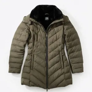 Zara Olive Green Down Puffer Coat Small Faux Fur‎ Hood thumbnail 1