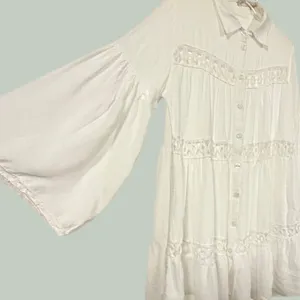 Boho White Tiered Button‎ Down Tunic Crochet Lace Bell Sleeve Top thumbnail 3