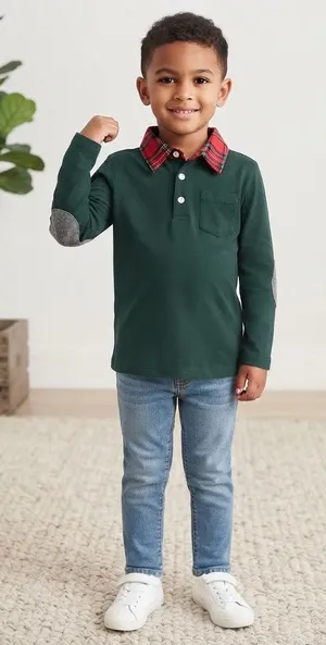 Andy & Evan Long-Sleeve Polo with Red Plaid Collar and Dark Green Body thumbnail 1
