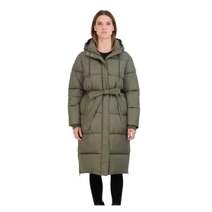 Sebby Collection Womens Long Belted Puffer Coat with Hood Jacket Olive Green S thumbnail 9