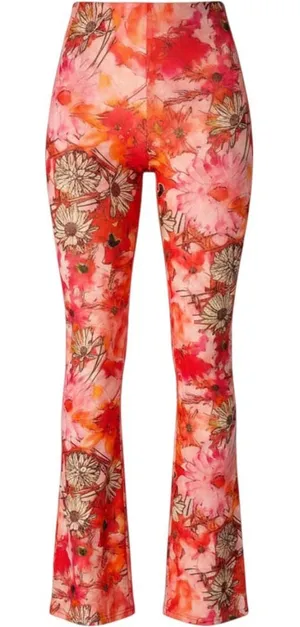 Tiger Mist Floral Mesh Flare Pants XS Red Orange Bell Bottom Y2K Retro Costume thumbnail 1