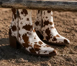 Maurices Brown and White Cowhide-Print Ankle Boots thumbnail 1