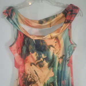 Vibrant Abstract Watercolor Sleeveless Cowl Neck Maxi Dress Orange Teal Size L thumbnail 7