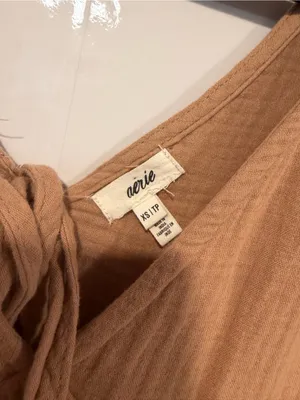 Aerie Cotton Textured Tie-Front Tiered Mini Dress‎ in Camel thumbnail 2