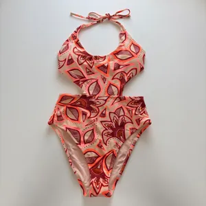 Aerie Swimsuit One Piece Womens Medium Orange Floral Geometric Cut Out Halter thumbnail 2