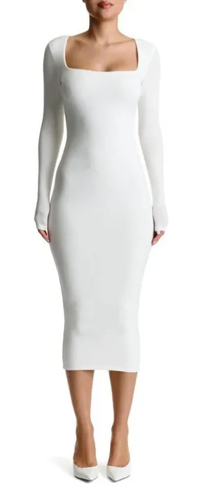 Naked Wardrobe Clean Girl Sculpting White Long Sleeve Bodycon Maxi Dress Med NWT thumbnail 1