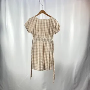 Anthropologie HD in Paris Gingham Print Short Sleeve‎ Belted Dress in Tan Size 4 thumbnail 4