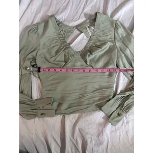 Anthropologie Sage Green Pleated Satin Open Back Blouse XXS Balloon Sleeve thumbnail 5