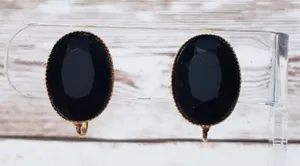 Vintage Clip On Earrings - Black Gem Oval Shape 0.75" thumbnail 1