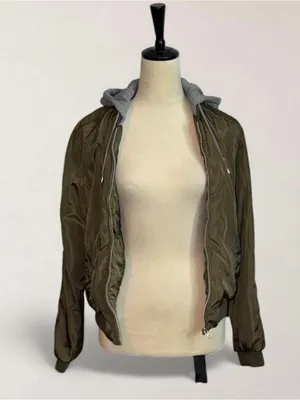 Outer Edge Olive Green Bomber Jacket with Gray Hood thumbnail 2