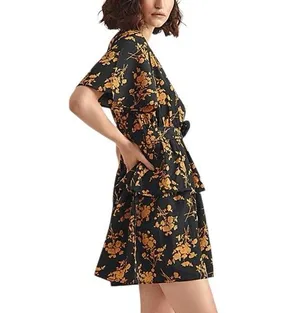 Black Poppy NWT Gold & Black Floral V-Neck Mini Wrap Dress Medium thumbnail 3