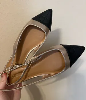 Aldo Black Pointed Toe Metallic Gold Slingback Flats thumbnail 1