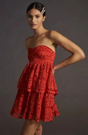 ANTHROPOLOGIE Maeve Strapless Lace Mini Dress Red size small No Shoulder Straps thumbnail 1
