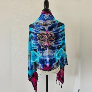 Artisan Tie-Dye Boho Wrap Shawl with Gold Foil thumbnail 3