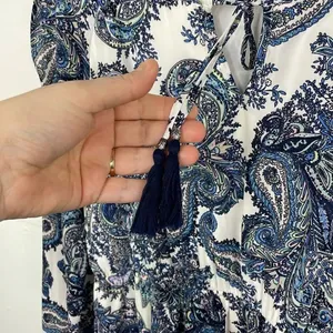 DR2 by Daniel Rainn Blue White Paisley Shift Dress Tassel Tie Neck Split MEDIUM thumbnail 4