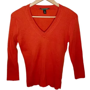 Lauren Ralph Lauren cotton v-neck 3/4 sleeve ribbed knit sweater size XL thumbnail 1