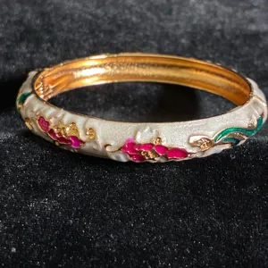 Gold tone enamel bangle bracelet with White, pink and green floral design 7” thumbnail 2