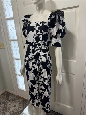 Christopher John Rogers 100% Cotton Black & White Puff-Sleeve Midi Dress Size 4 thumbnail 7
