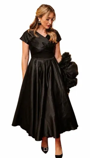 Ivy City‎ Co Audrey Dress Black Satin Midi Wedding Guest Cocktail Elegant Small thumbnail 1