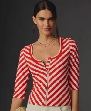 Maeve Anthropologie Chevron Stripe Zip Front Top Red White Womens S thumbnail 1