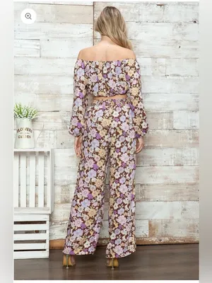 Le Lis Retro Floral Off-Shoulder Crop Top & Wide Leg Pants Two-Piece Set thumbnail 2