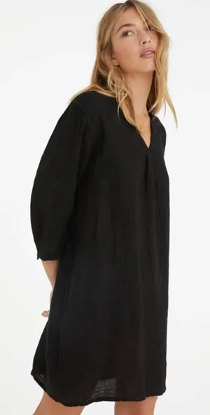 Anthropologie Sunday Atelier Caftan Coverup Dress Black Slub 100% cotton Pockets Coastal Small thumbnail 1