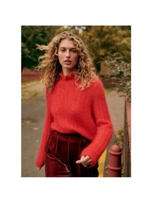 SEZANE Bright Red Mohair Merino Wool Knit Ruffle High Neck Sweater Loris Jumper thumbnail 2