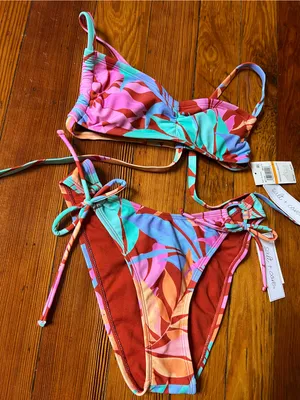 Salt + Cove Multicolor Tropical Leaf Bikini in Pink, Teal & Orange thumbnail 3