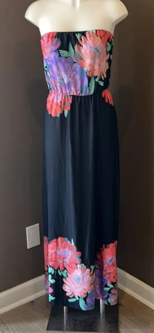 MUN Y2K Boho Strapless Floral Keyhole Cutout Maxi Dress Size Medium thumbnail 1