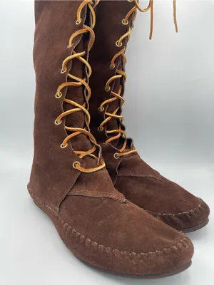 Vintage TAOS 9 Brown Suede Knee High Lace Up Moccasin Boots Boho Western thumbnail 6