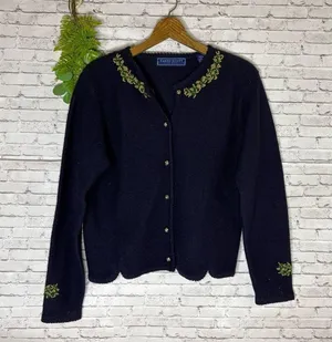 Vintage Karen Scott Navy Blue Cottagecore Embroidered Cardigan Sweater thumbnail 2