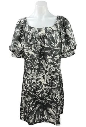 Trina Turk Black Gray Silk Wool Floral Abstract Puff Sleeve Mini Shift Dress 10 thumbnail 1