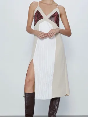 NWOT Zara Beige Cream Snakeskin Pleated Midi Dress Size M • Spaghetti Strap Side thumbnail 2
