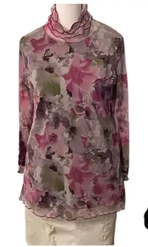 Size small long sleeve Purple pink and green flowered long sleeve top EUC thumbnail 1
