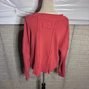 Free People We The Free Red Waffle Knit Thermal Raw Hem Top XS thumbnail 4