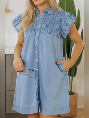 Entro Light Blue Denim Mini Dress with Puff Sleeves Medium thumbnail 3