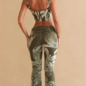 Oh Polly Devore Burnout Velvet Botanical Flare Pants Olive Green Boho Size 2 thumbnail 2
