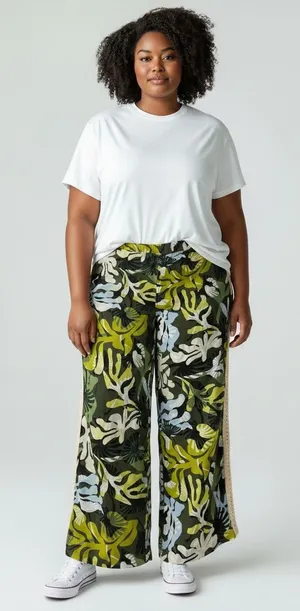 Leaf Print Crochet Trim Wide Leg Pants Green Size XL thumbnail 1